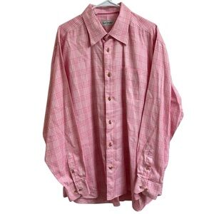 David Donahue Men Size XL Pink Tartan Plaid 100% Cotton Long Sleeve Dress Shirt